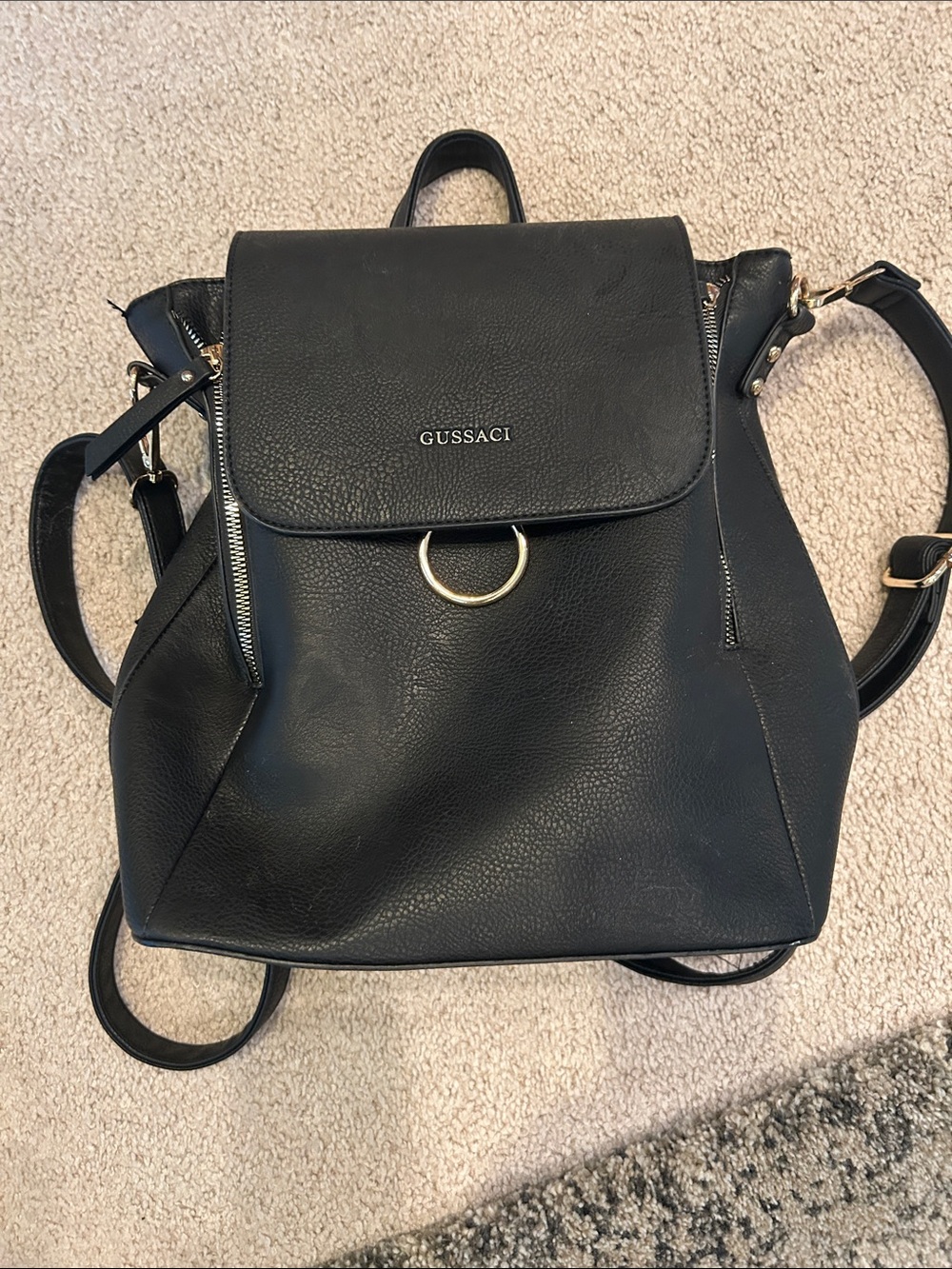Gussaci Black Faux Leather Backpack with Gold Ring Accent